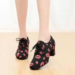 Women's Latin Shoes Practice Trainning Dance Shoes Line Dance Performance Party Practice Lace Up Pattern / Print Oxford Sneaker Pattern / Print Thick Heel Black / Red