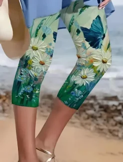 Women's Leggings Capri Pants High Elasticity Vacation Fashion Hawaiian Ankle-Length Mid Waist Floral Printing Thermal Warm Breathable Soft Vacation Casual Daily Apple Green Summer Spring Regular Fit