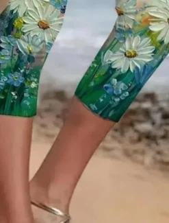 Women's Leggings Capri Pants High Elasticity Vacation Fashion Hawaiian Ankle-Length Mid Waist Floral Printing Thermal Warm Breathable Soft Vacation Casual Daily Apple Green Summer Spring Regular Fit