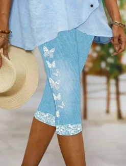 Women's Leggings Capri Pants 3D Print High Elasticity Vacation Vintage Fashion Calf-Length High Waist Butterfly Abstract Printing Breathable Soft Stretchy Formal Outdoor Vacation Robin's Egg Blue