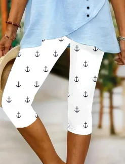Women's Leggings Capri Pants High Elasticity Vacation Fashion coastal grandma style Full Length Mid Waist Graphic Stripe Ocean Printing Thermal Warm Breathable Soft Stretchy Outdoor Vacation Summer