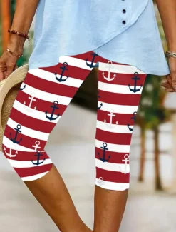 Women's Leggings Capri Pants High Elasticity Vacation Fashion coastal grandma style Full Length Mid Waist Graphic Stripe Ocean Printing Thermal Warm Breathable Soft Stretchy Outdoor Vacation Summer