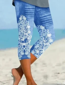 Women's Leggings Capri Pants High Elasticity Vacation Vintage Fashion Calf-Length Mid Waist Floral Graphic Printing Breathable Soft Stretchy Formal Vacation Street Robin's Egg Blue Black Dark Navy