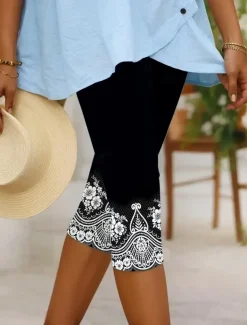Women's Leggings Capri Pants High Elasticity Vacation Vintage Fashion Calf-Length Mid Waist Floral Graphic Printing Breathable Soft Stretchy Formal Vacation Street Robin's Egg Blue Black Dark Navy