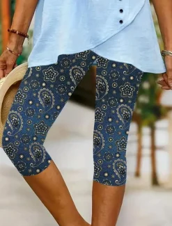 Women's Leggings Capri Pants High Elasticity Vacation Vintage Fashion Calf-Length Mid Waist Floral Graphic Printing Breathable Soft Stretchy Formal Vacation Street Robin's Egg Blue Black Dark Navy
