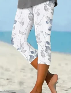 Women's Leggings Capri Pants High Elasticity Fashion Full Length Mid Waist Layered Print Casual Daily Sillver Gray Summer Regular Fit