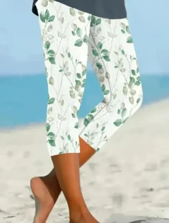 Women's Leggings Capri Pants High Elasticity Vacation Fashion Hawaiian Ankle-Length Mid Waist Floral Printing Thermal Warm Breathable Soft Vacation Casual Daily Apple Green Summer Spring Regular Fit