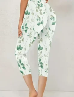 Women's Leggings Capri Pants High Elasticity Vacation Fashion Hawaiian Ankle-Length Mid Waist Floral Printing Thermal Warm Breathable Soft Vacation Casual Daily Apple Green Summer Spring Regular Fit