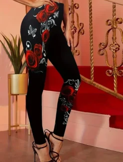 Women's Leggings Fashion Streetwear Ankle-Length High Waist Rose Printing Thermal Warm Soft Breathable Micro-elastic Outdoor Daily Black Fall Winter Regular Fit