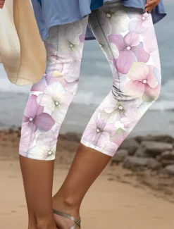 Women's Leggings Pants 3D Print High Elasticity Fashion Streetwear Full Length High Waist Floral Thermal Warm Breathable Soft Outdoor Daily Pink Blue Purple Green Fall Winter Regular Fit