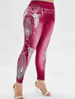 Women's Leggings Trousers 3D Print Vacation Vintage Fashion Full Length High Waist Graphic Soft Comfortable Micro-elastic Outdoor Street Black Wine Dark Blue Light Blue Summer Spring Slim Fit