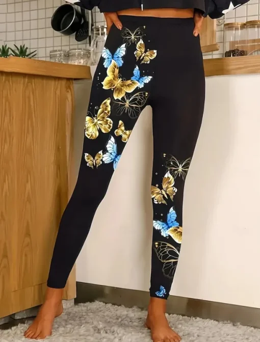 Women's Leggings Vacation Vintage Ethnic Style Ankle-Length High Waist Graphic Animal Butterfly 3D Print Quick Dry Breathability Soft Stretchy Outdoor Home Causal Yellow Blue Purple Fall Slim Fit