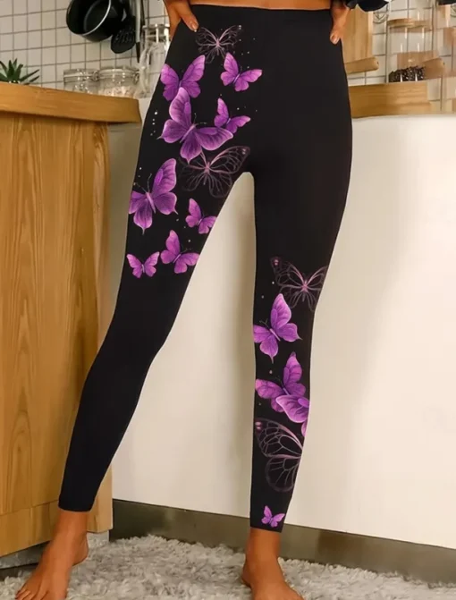 Women's Leggings Vacation Vintage Ethnic Style Ankle-Length High Waist Graphic Animal Butterfly 3D Print Quick Dry Breathability Soft Stretchy Outdoor Home Causal Yellow Blue Purple Fall Slim Fit