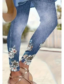 Women's Leggings Vacation Vintage Ethnic Style Ankle-Length High Waist Floral Graphic 3D Print Quick Dry Breathability Soft Stretchy Outdoor Home Causal White Navy Blue Blue Spring Fall Slim Fit