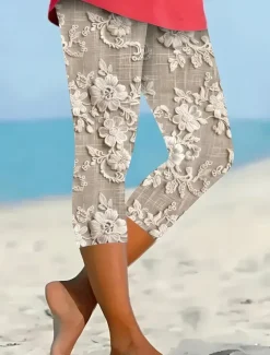 Women's Leggings Vacation Vintage Ethnic Style Calf-Length High Waist Floral Graphic Quick Dry Soft Comfortable Stretchy Formal Outdoor Vacation Buff Summer Spring Skinny