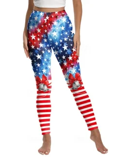 Women's Leggings Vacation Vintage Ethnic Style Ankle-Length High WaistPantsAmerican Independence Day Graphic American Flag 3D Print Quick Dry Breathability Soft Stretchy Outdoor Home Causal Lake Blue
