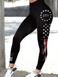 Women's Leggings Vacation Vintage Fashion Ankle-Length High WaistPantsAmerican Independence Day Graphic Flag Printing Thermal Warm Soft Breathable Stretchy Outdoor Daily Wine Black Blue ash-colored