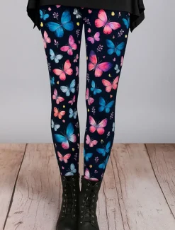 Women's Leggings Vacation Vintage Ethnic Style Ankle-Length High Waist Graphic Butterfly 3D Print Quick Dry Breathability Soft Stretchy Outdoor Home Causal Dark purple Black Purple Fall Skinny