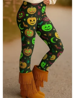 Women's Leggings Vacation Vintage Ethnic Style Ankle-Length High WaistPantsHalloween Graphic Skull Pumpkin 3D Print Quick Dry Breathability Soft Stretchy Outdoor Home Causal Purple Orange Green Fall