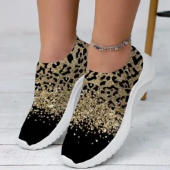 Women's Leopard Print Slip-On Sneakers - Casual Chunky Platform Shoes with Lightweight Sole for Daily Wear and Walking