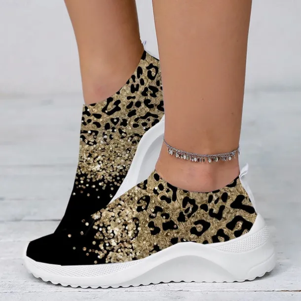 Women's Leopard Print Slip-On Sneakers - Casual Chunky Platform Shoes with Lightweight Sole for Daily Wear and Walking