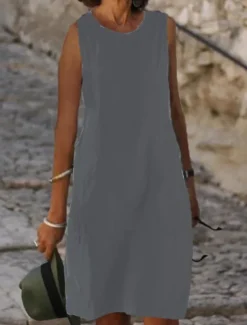 Women's Light Blue Black White Summer Spring Midi Dress White Dress Cotton Linen Dresses Sundress Classic Casual Vacation Daily Loose Fit Plain U Neck