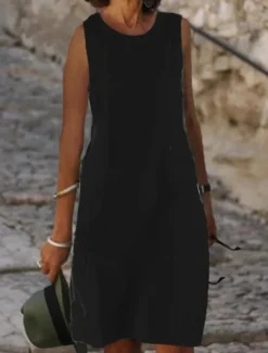 Women's Light Blue Black White Summer Spring Midi Dress White Dress Cotton Linen Dresses Sundress Classic Casual Vacation Daily Loose Fit Plain U Neck