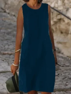 Women's Light Blue Black White Summer Spring Midi Dress White Dress Cotton Linen Dresses Sundress Classic Casual Vacation Daily Loose Fit Plain U Neck