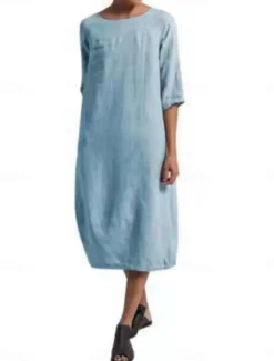 Women's Light Blue Black Yellow Summer Spring Midi Dress Linen-Inspired Dresses Casual Dress Basic Modern Daily Weekend Regular Fit Plain Crew Neck