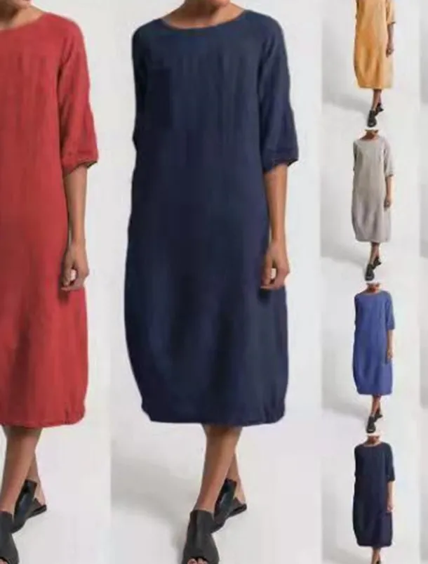 Women's Light Blue Black Yellow Summer Spring Midi Dress Linen-Inspired Dresses Casual Dress Basic Modern Daily Weekend Regular Fit Plain Crew Neck