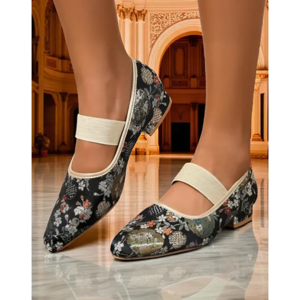 Women's Light Blue Jacquard Mary Jane Flats - Rococo Inspired Comfortable Walking Shoes with Floral Embroidery and Elastic Strap, Medieval Fairy Tale Style for Vintage Lovers, Costume Parties, and Dai