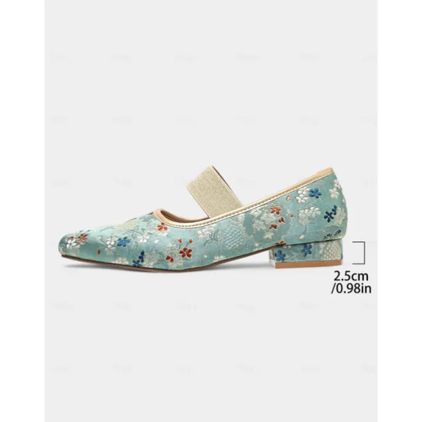 Women's Light Blue Jacquard Mary Jane Flats - Rococo Inspired Comfortable Walking Shoes with Floral Embroidery and Elastic Strap, Medieval Fairy Tale Style for Vintage Lovers, Costume Parties, and Dai