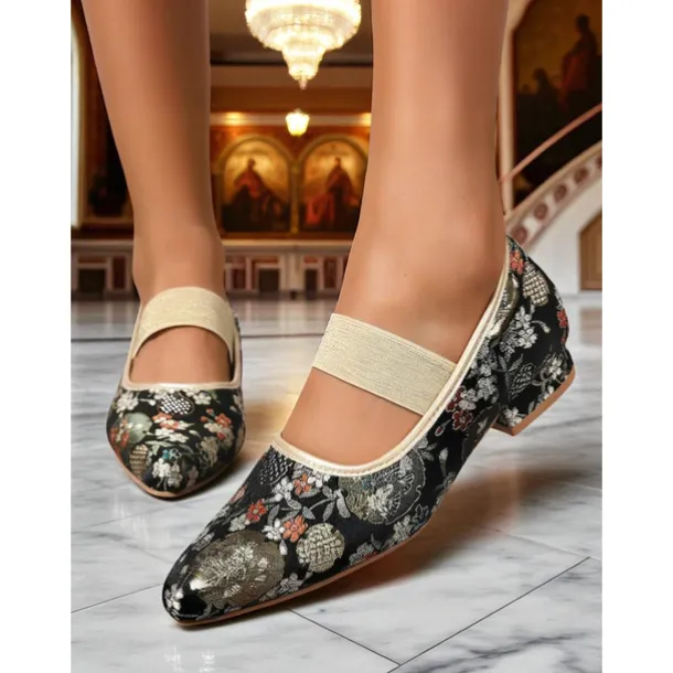 Women's Light Blue Jacquard Mary Jane Flats - Rococo Inspired Comfortable Walking Shoes with Floral Embroidery and Elastic Strap, Medieval Fairy Tale Style for Vintage Lovers, Costume Parties, and Dai