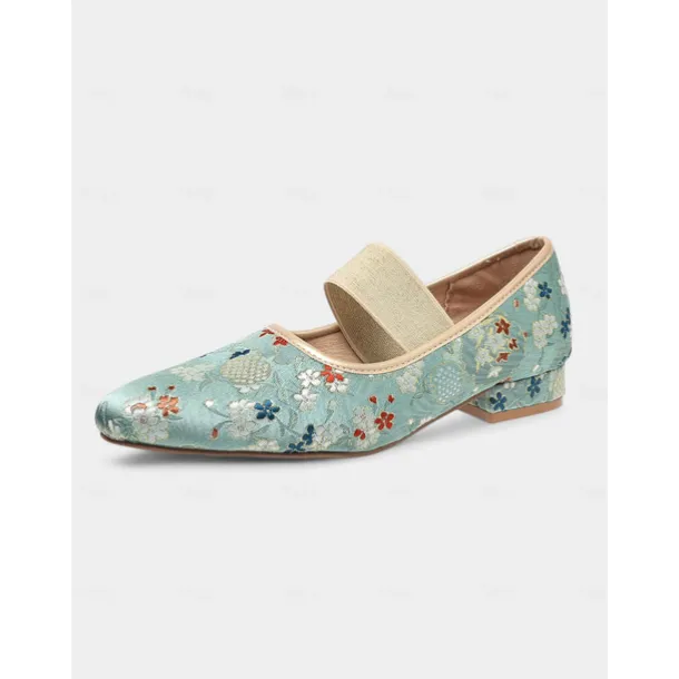 Women's Light Blue Jacquard Mary Jane Flats - Rococo Inspired Comfortable Walking Shoes with Floral Embroidery and Elastic Strap, Medieval Fairy Tale Style for Vintage Lovers, Costume Parties, and Dai