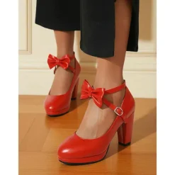 Women's Light Blue Platform Mary Jane Heels - Vintage 1950s Lolita Style Chunky Block Heels with Bow Ankle Strap, Perfect for Weddings, Cosplay and Elegant Evening Parties