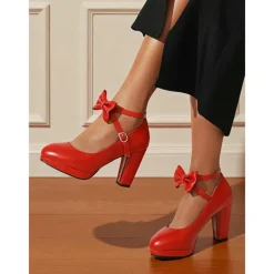 Women's Light Blue Platform Mary Jane Heels - Vintage 1950s Lolita Style Chunky Block Heels with Bow Ankle Strap, Perfect for Weddings, Cosplay and Elegant Evening Parties