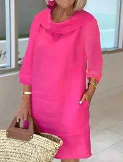 Women's Light Blue White Wine Summer Spring Fall Midi Dress Cotton Linen Dresses Casual Dress Cotton Summer Dress Basic Classic Casual Outdoor Vacation Daily Loose Fit Plain Cowl Neck