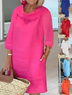 Women's Light Blue White Wine Summer Spring Fall Midi Dress Cotton Linen Dresses Casual Dress Cotton Summer Dress Basic Classic Casual Outdoor Vacation Daily Loose Fit Plain Cowl Neck