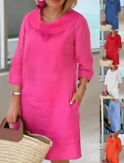 Women's Light Blue White Wine Summer Spring Fall Midi Dress Cotton Linen Dresses Casual Dress Cotton Summer Dress Basic Classic Casual Outdoor Vacation Daily Loose Fit Plain Cowl Neck