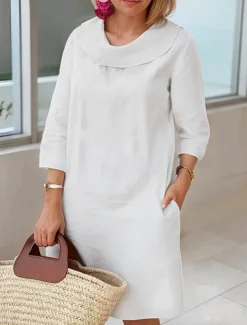 Women's Light Blue White Wine Summer Spring Fall Midi Dress Cotton Linen Dresses Casual Dress Cotton Summer Dress Basic Classic Casual Outdoor Vacation Daily Loose Fit Plain Cowl Neck