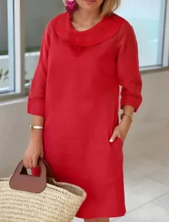 Women's Light Blue White Wine Summer Spring Fall Midi Dress Cotton Linen Dresses Casual Dress Cotton Summer Dress Basic Classic Casual Outdoor Vacation Daily Loose Fit Plain Cowl Neck