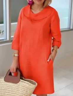 Women's Light Blue White Wine Summer Spring Fall Midi Dress Cotton Linen Dresses Casual Dress Cotton Summer Dress Basic Classic Casual Outdoor Vacation Daily Loose Fit Plain Cowl Neck