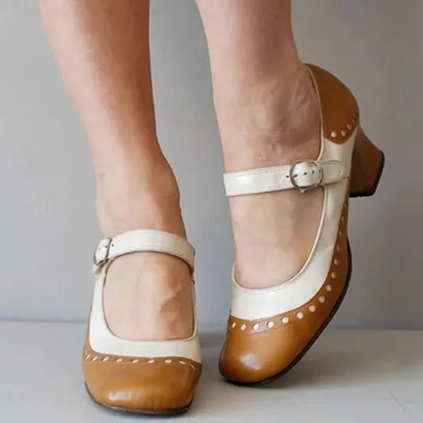Women's Light Brown and White Mary Jane Heels with Decorative Buckle and Studded Detailing – Perfect for Vintage-Inspired Events and Special Occasions