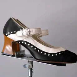 Women's Light Brown and White Mary Jane Heels with Decorative Buckle and Studded Detailing – Perfect for Vintage-Inspired Events and Special Occasions