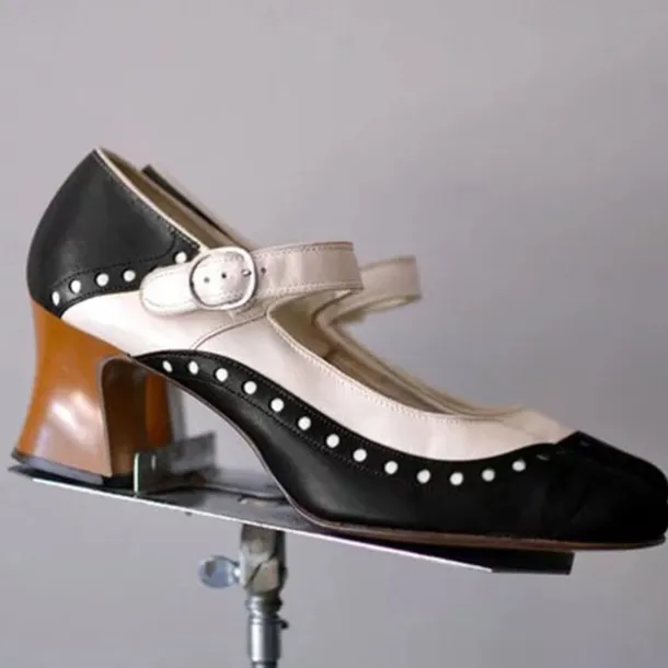 Women's Light Brown and White Mary Jane Heels with Decorative Buckle and Studded Detailing – Perfect for Vintage-Inspired Events and Special Occasions