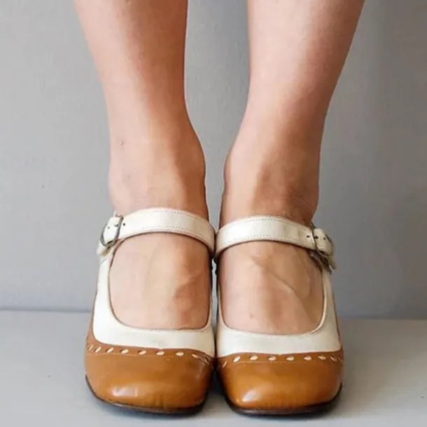 Women's Light Brown and White Mary Jane Heels with Decorative Buckle and Studded Detailing – Perfect for Vintage-Inspired Events and Special Occasions