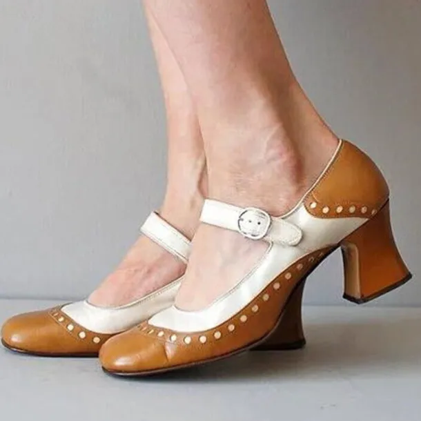 Women's Light Brown and White Mary Jane Heels with Decorative Buckle and Studded Detailing – Perfect for Vintage-Inspired Events and Special Occasions