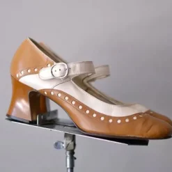 Women's Light Brown and White Mary Jane Heels with Decorative Buckle and Studded Detailing – Perfect for Vintage-Inspired Events and Special Occasions