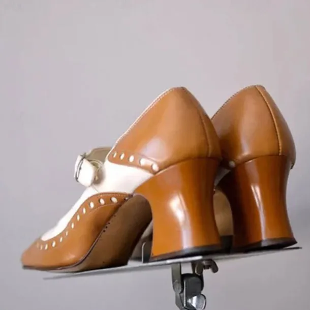 Women's Light Brown and White Mary Jane Heels with Decorative Buckle and Studded Detailing – Perfect for Vintage-Inspired Events and Special Occasions