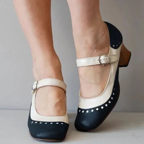 Women's Light Brown and White Mary Jane Heels with Decorative Buckle and Studded Detailing – Perfect for Vintage-Inspired Events and Special Occasions